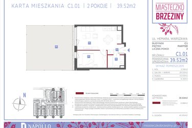 Rzut - Mieszkanie na sprzedaż 2 pokoje o powierzchni 39,52 m² - numer C1.01 w Miasteczko Brzeziny II