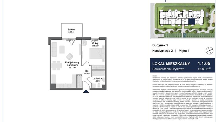 Rzut - Mieszkanie na sprzedaż 2 pokoje o powierzchni 46,8 m² - numer 1.1.05 w Rytelska