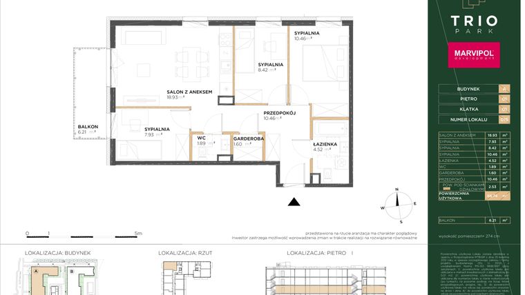 Rzut - Mieszkanie na sprzedaż 4 pokoje o powierzchni 66,74 m² - numer A015 w Trio Park