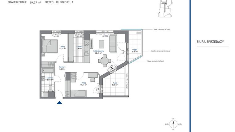 Rzut - Mieszkanie na sprzedaż 3 pokoje o powierzchni 69,27 m² - numer 10.5 w SEAHall