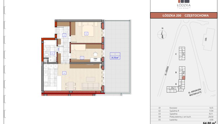Rzut - Mieszkanie na sprzedaż 3 pokoje o powierzchni 64,74 m² - numer B.M.05 w Łódzka Osiedle