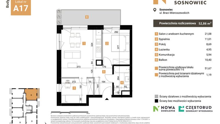 Rzut - Mieszkanie na sprzedaż 3 pokoje o powierzchni 52,86 m² - numer A17 w Nowy Sosnowiec