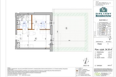 Rzut - Mieszkanie na sprzedaż 2 pokoje o powierzchni 34,3 m² - numer J1-1 w Park Leśny Rembertów etap VIII