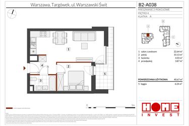Rzut - Mieszkanie na sprzedaż 2 pokoje o powierzchni 40,67 m² - numer B2-A038 w Warszawski Świt etap IX