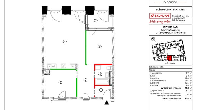Rzut - Mieszkanie na sprzedaż 3 pokoje o powierzchni 72,57 m² - numer M013 w Warzelnia by Bohema