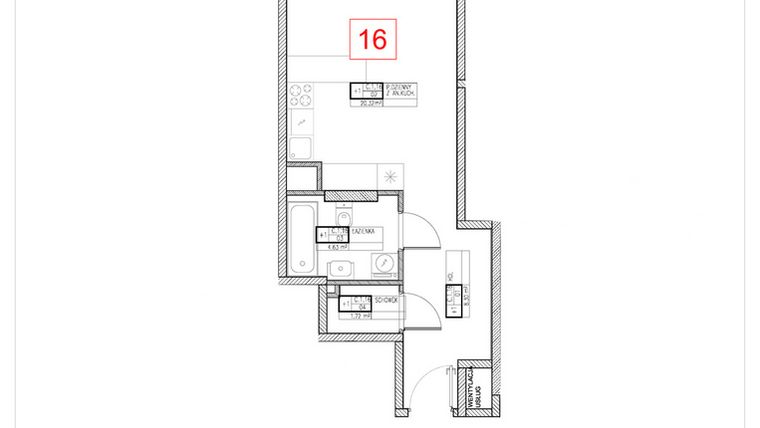 Rzut - Mieszkanie na sprzedaż 1 pokój o powierzchni 34,97 m² - numer C1.16 w Rezydencja Ogród Saski etap I i II