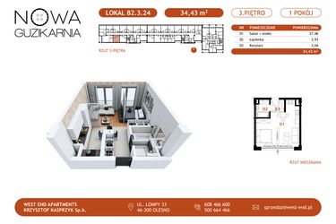 Rzut - Mieszkanie na sprzedaż 1 pokój o powierzchni 34,43 m² - numer B2.3.24 w Nowa Guzikarnia