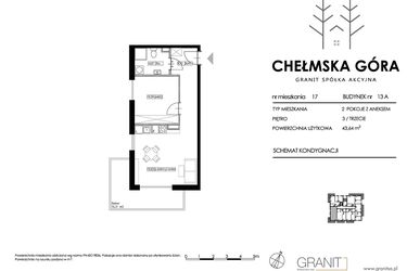 Rzut - Mieszkanie na sprzedaż 2 pokoje o powierzchni 43,64 m² - numer 13A-M17 w Chełmska Góra etap II