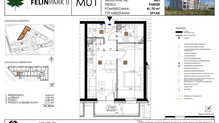 Rzut - Mieszkanie na sprzedaż 2 pokoje o powierzchni 41,7 m² - numer M01 w Felin Park II etap 2