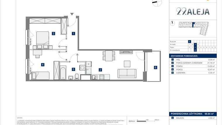 Rzut - Mieszkanie na sprzedaż 2 pokoje o powierzchni 43,21 m² - numer E.53 w 29. Aleja etap 2