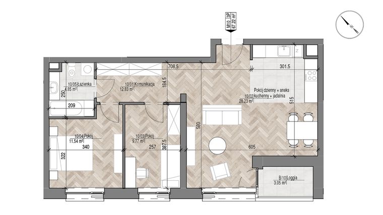 Rzut - Mieszkanie na sprzedaż 3 pokoje o powierzchni 67,22 m² - numer 10 w Apartamenty Czysta