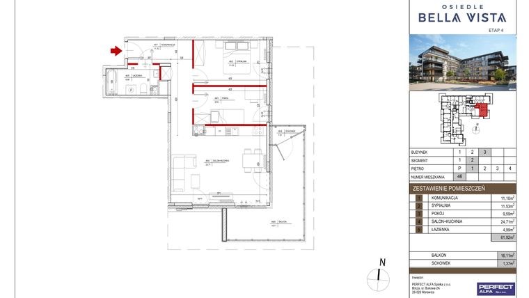 Rzut - Mieszkanie na sprzedaż 3 pokoje o powierzchni 61,92 m² - numer 3.46 w Bella Vista Etap IV