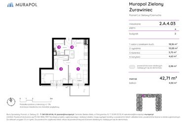 Rzut - Mieszkanie na sprzedaż 2 pokoje o powierzchni 42,8 m² - numer 2.A.4.03 w Murapol Zielony Żurawiniec