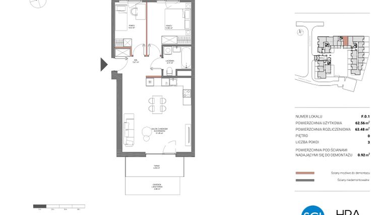 Rzut - Mieszkanie na sprzedaż 3 pokoje o powierzchni 63,48 m² - numer F.0.1 w Łopuszańska 47 - etap 2