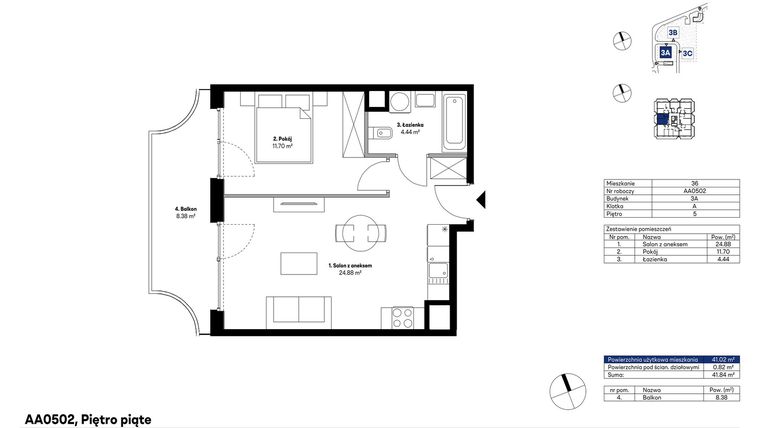Rzut - Mieszkanie na sprzedaż 2 pokoje o powierzchni 41,02 m² - numer AA0502 w NU3 Warszawa Wola