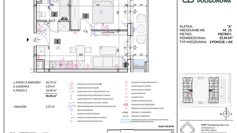 Rzut - Mieszkanie na sprzedaż 2 pokoje o powierzchni 35,94 m² - numer 15 w Apartamenty Poligonowa etap 5