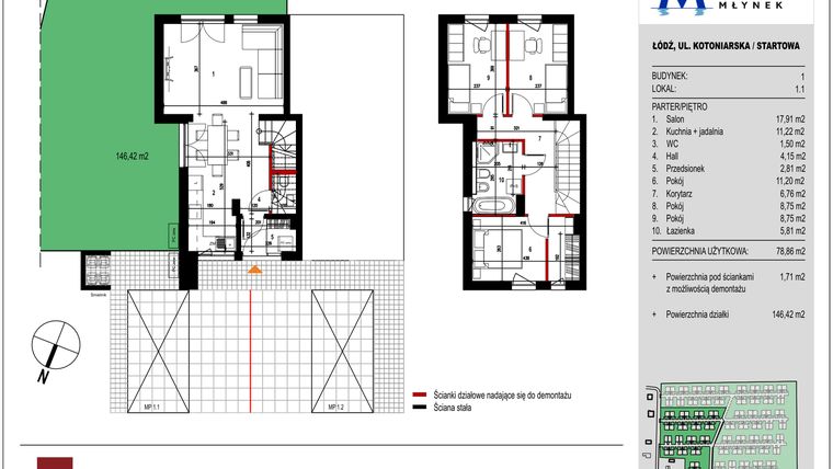 Rzut - Mieszkanie na sprzedaż 4 pokoje o powierzchni 78,86 m² - numer 1.1 w Przystań Młynek