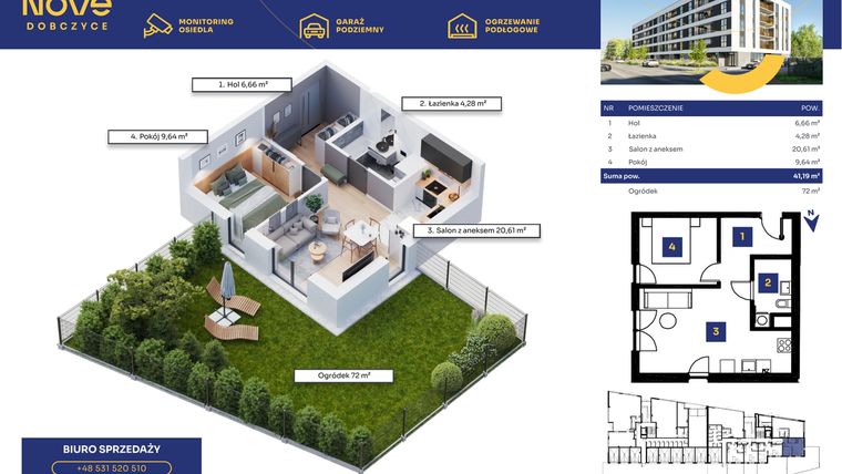 Rzut - Mieszkanie na sprzedaż 2 pokoje o powierzchni 41,19 m² - numer M01 w Nove Dobczyce