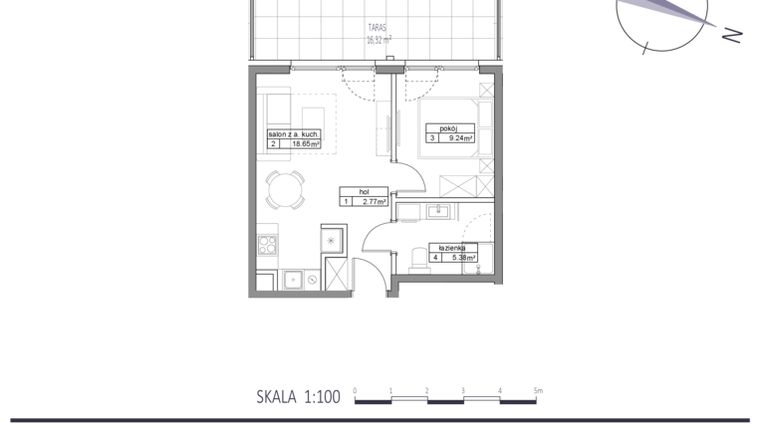Rzut - Mieszkanie na sprzedaż 2 pokoje o powierzchni 36,04 m² - numer E3 w Apartamenty na Klifie bud. D, E i F