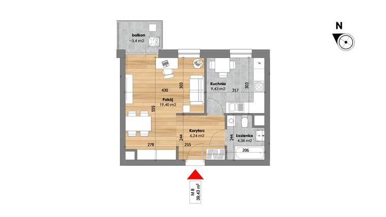 Rzut - Mieszkanie na sprzedaż 1 pokój o powierzchni 39,43 m² - numer M8 w Przy Kochanowskiego