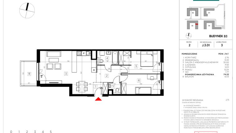 Rzut - Mieszkanie na sprzedaż 3 pokoje o powierzchni 74,22 m² - numer J.3.01 w CityFlow etap II
