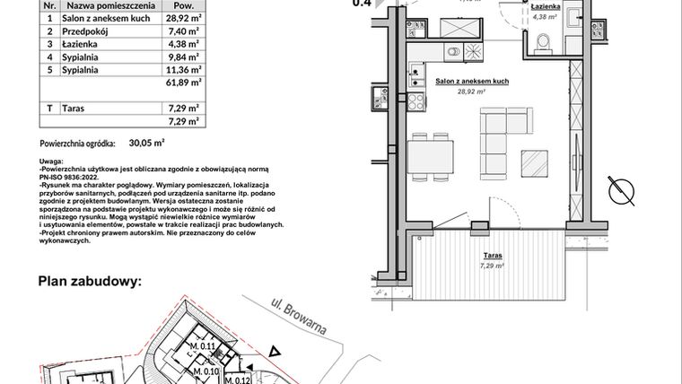 Rzut - Mieszkanie na sprzedaż 3 pokoje o powierzchni 61,89 m² - numer M0.4 w Bulwary Apartamenty