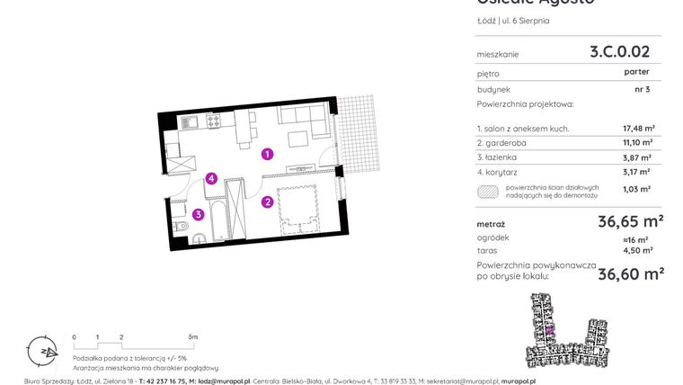 Rzut - Mieszkanie na sprzedaż 1 pokój o powierzchni 36,6 m² - numer 3.C.0.02 w Murapol Agosto