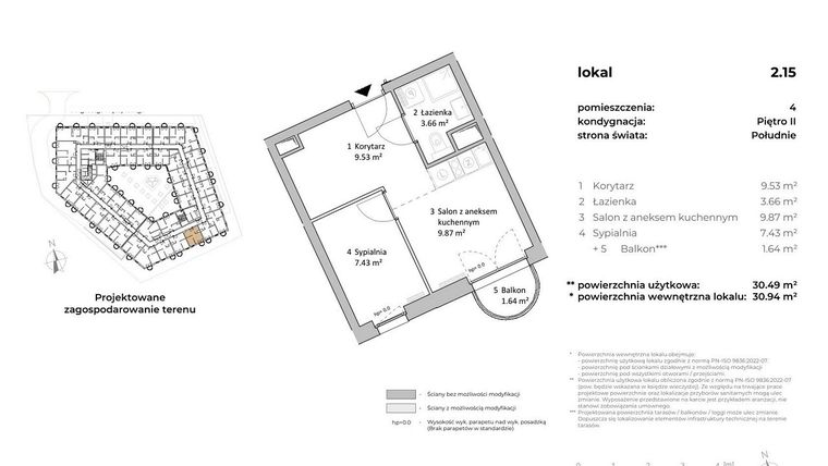 Rzut - Mieszkanie na sprzedaż 1 pokój o powierzchni 30,66 m² - numer 2.15 w OVAL SKY