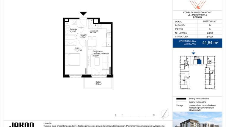 Rzut - Mieszkanie na sprzedaż 2 pokoje o powierzchni 41,54 m² - numer D.C61 w Wieruszowska D