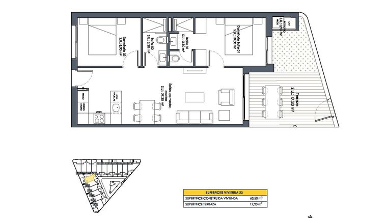 Rzut - Dom na sprzedaż 2 pokoje o powierzchni 63,5 m² - numer 23 w Domy w San Fulgencio - 46495750