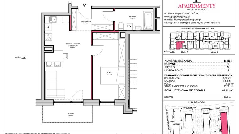 Rzut - Mieszkanie na sprzedaż 2 pokoje o powierzchni 48,92 m² - numer B.64 w Apartamenty Grójeckie Ogrody