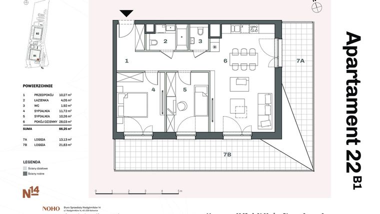 Rzut - Mieszkanie na sprzedaż 3 pokoje o powierzchni 66,25 m² - numer B1.22 w Nadgórników 14