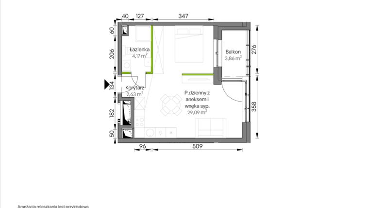 Rzut - Mieszkanie na sprzedaż 1 pokój o powierzchni 35,89 m² - numer C1/01/26 w WUWA Vita