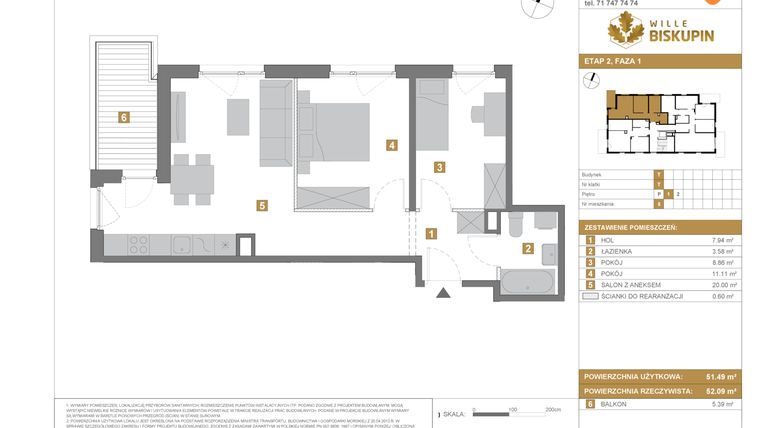 Rzut - Mieszkanie na sprzedaż 3 pokoje o powierzchni 51,49 m² - numer T5 w Wille Biskupin Etap 2.1