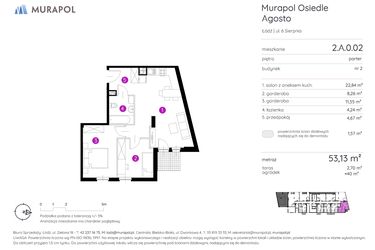 Rzut - Mieszkanie na sprzedaż 1 pokój o powierzchni 53,13 m² - numer 2.A.0.02 w Murapol Agosto