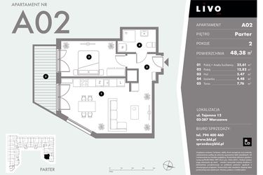 Rzut - Mieszkanie na sprzedaż 2 pokoje o powierzchni 48,38 m² - numer A02 w Livo