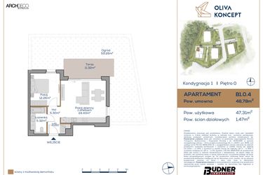 Rzut - Mieszkanie na sprzedaż 2 pokoje o powierzchni 48,95 m² - numer B1.0.4 w Oliva Koncept II