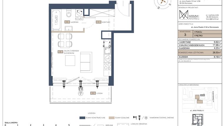 Rzut - Mieszkanie na sprzedaż 1 pokój o powierzchni 28,53 m² - numer 3 w Apartamenty Jana Pawła 34