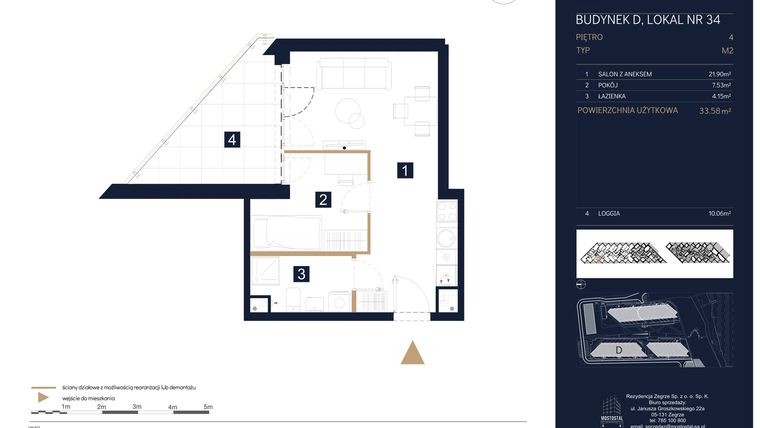 Rzut - Mieszkanie na sprzedaż 1 pokój o powierzchni 33,58 m² - numer D34 w Rezydencja Zegrze etap III