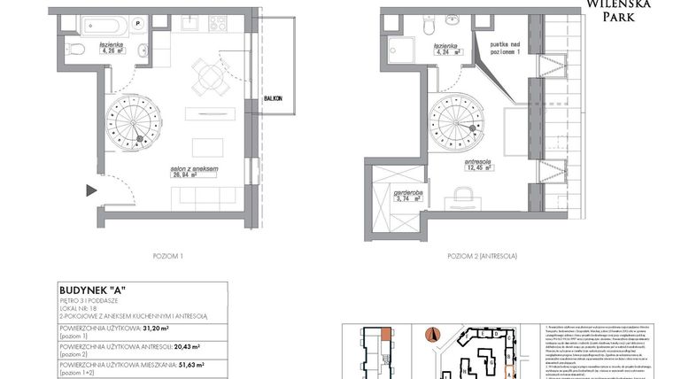Rzut - Mieszkanie na sprzedaż 2 pokoje o powierzchni 51,63 m² - numer A18 w Wileńska Park