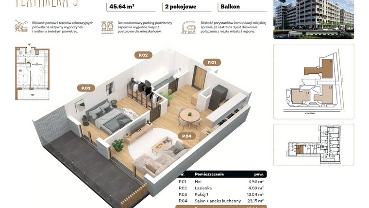 Rzut - Mieszkanie na sprzedaż 2 pokoje o powierzchni 45,64 m² - numer A 2.03 w Teatralna 3 - etap II