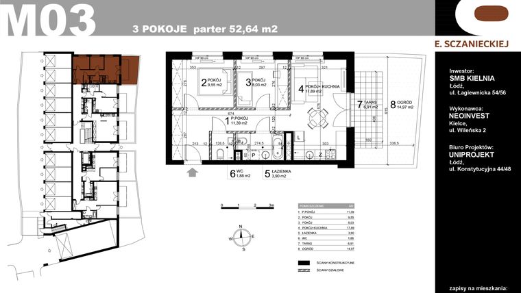 Rzut - Mieszkanie na sprzedaż 3 pokoje o powierzchni 52,64 m² - numer M03 w Sczanieckiej 8