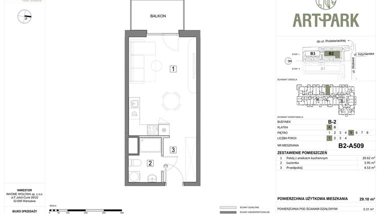 Rzut - Mieszkanie na sprzedaż 1 pokój o powierzchni 29,41 m² - numer B.2.A509 w ArtPark