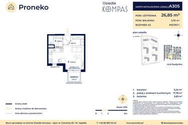 Rzut - Mieszkanie na sprzedaż 1 pokój o powierzchni 26,87 m² - numer A305 w Osiedle Kompas