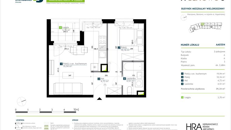 Rzut - Mieszkanie na sprzedaż 2 pokoje o powierzchni 39,34 m² - numer AA0304 w M Bemowo 3