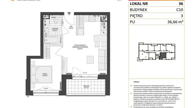 Rzut - Mieszkanie na sprzedaż 2 pokoje o powierzchni 36,66 m² - numer C10.36 w Konstelacja etap V