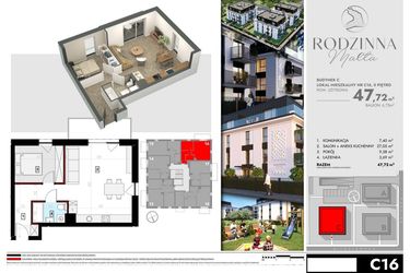 Rzut - Mieszkanie na sprzedaż 2 pokoje o powierzchni 47,72 m² - numer C16 w Rodzinna Malta
