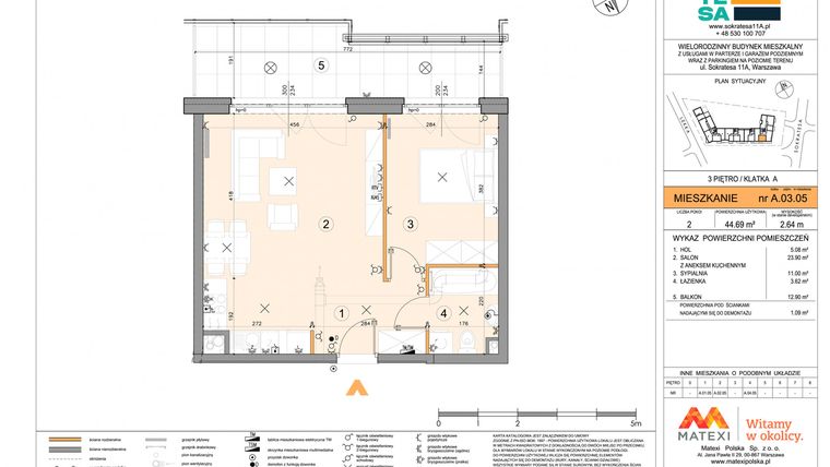Rzut - Mieszkanie na sprzedaż 2 pokoje o powierzchni 44,69 m² - numer A.03.05 w Sokratesa 11a