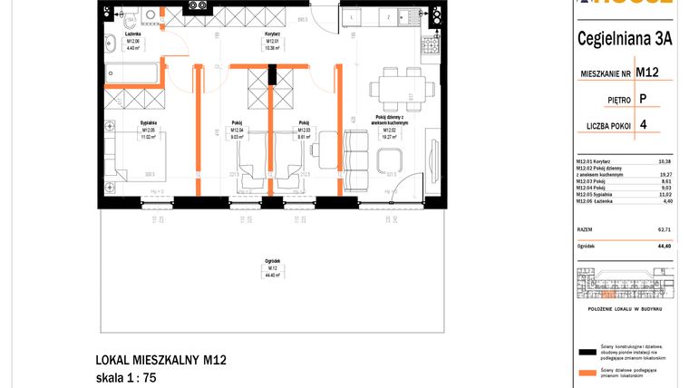 Rzut - Mieszkanie na sprzedaż 4 pokoje o powierzchni 62,71 m² - numer 12 w Osiedle StaLove etap II