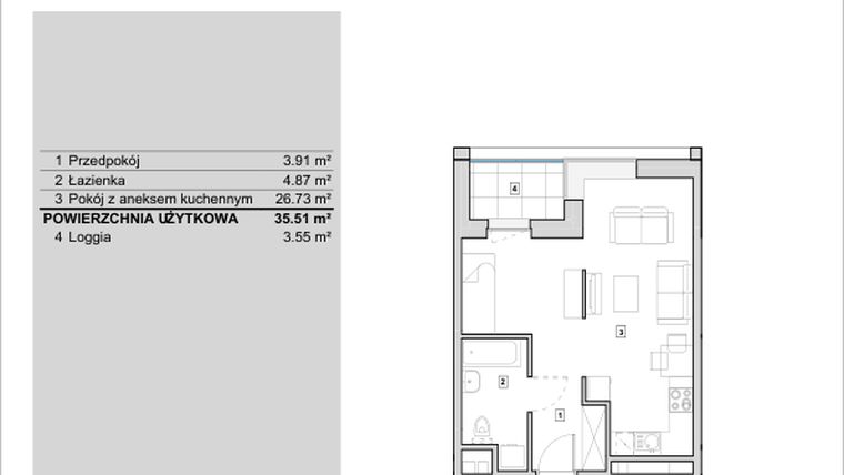 Rzut - Mieszkanie na sprzedaż 1 pokój o powierzchni 35,51 m² - numer H1-A-3-1 w Heyki City